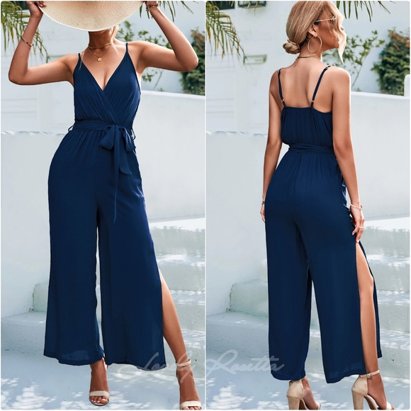 Stylish Slit Jumpsuit with Spaghetti Straps and Tie Belt - Picture 6 of 6